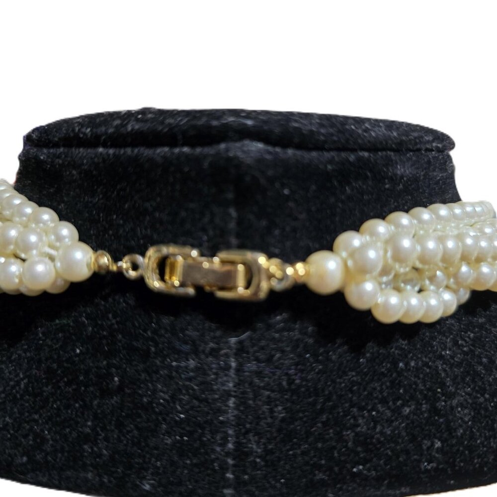 Multi-Strand Pearl Necklace With Gold & Rhinestone Spacers 18" - Picture 3 of 4